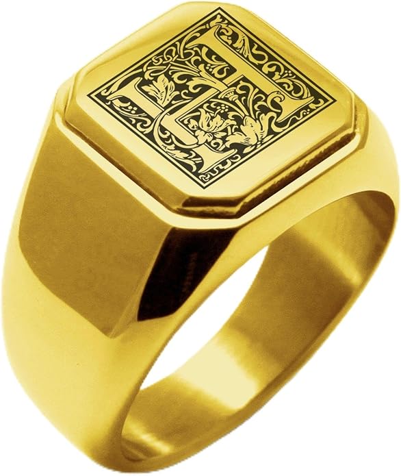 Jewelry | Stainless Steel Letter Alphabet Initial Ring | Square Flat Top Ring for Men & Women | Stainless Steel Jewelry, (Black, Gold, Silver), Size 7-16