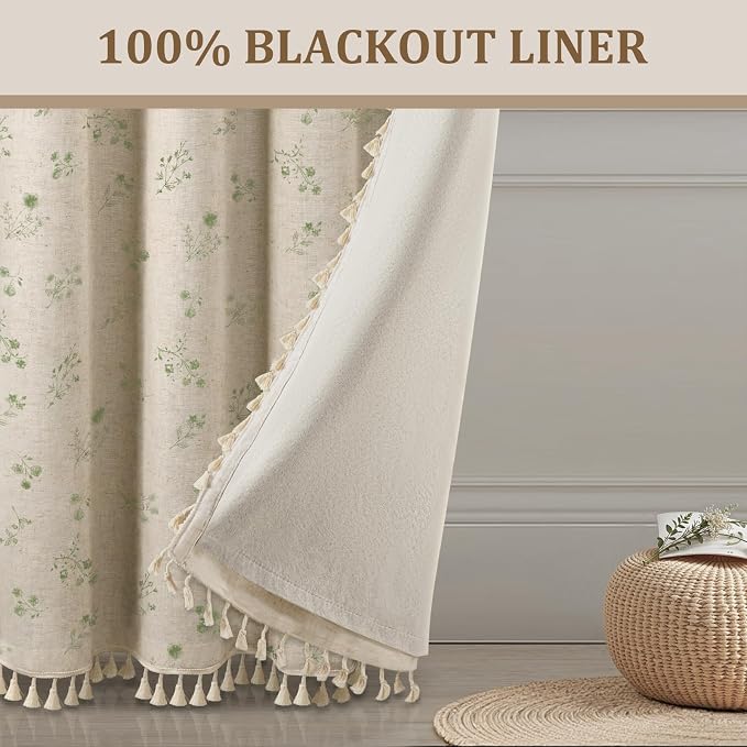 Boho Floral Spring 100% Blackout Curtains 84 Inch Length 2 Panels Set, Linen Texture Farmhouse Curtains with Beige Tassel for Living Room Bedroom, Vintage Rustic Rod Pocket,Green