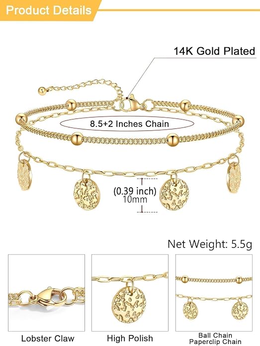 U7 Silver/Gold Ankle Bracelets for Women Layered Chain Anklets Stainless Steel Waterproof Summer Beach Anklet Cham, Adjustable 8.5"-10.5"