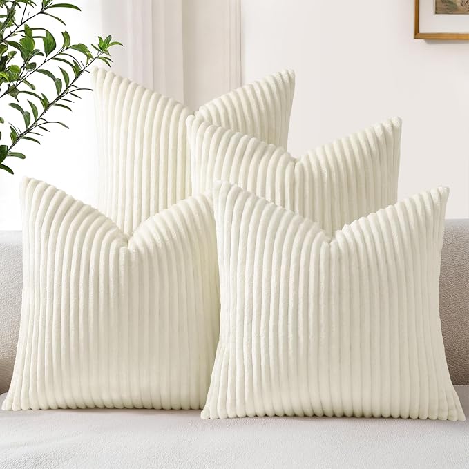 decorUhome Flannel Cream White Throw Pillow Covers 20X20 Set of 4 | Decorative Fall Soft Fluffy Striped Double-Sided Couch Pillow Covers, Modern Farmhouse Pillow Cases for Sofa bed Home Decor