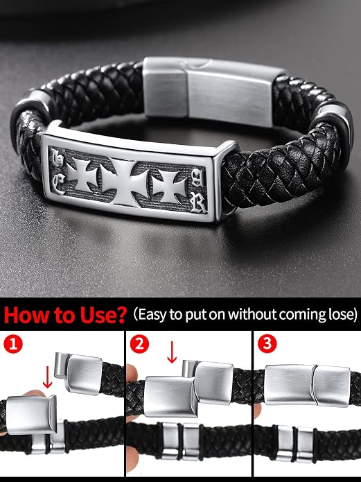 ChainsHouse Mens Wrap Braided Leather Black Bead Bracelets Bangles, Vintage Star of David/Wing Skull/Templar Cross Genuine Leather Bracelet, Customize Available, Size 7.5/8.3/9.0 Inch, Send Gift Box
