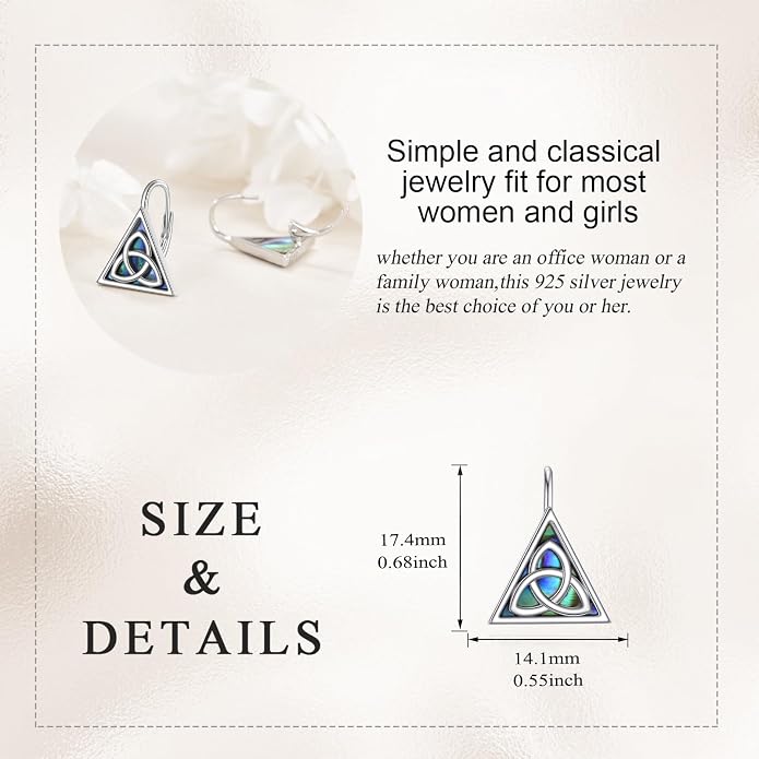 Celtic Trinity Knot Earrings for Women 925 Sterling Silver Triangle Celtic Leverback Abalone Shell Irish Jewelry Gift