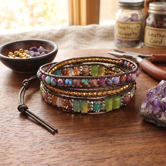YGLINE Boho Handmade Wrap Leather Tube Crystal Stone Bracelet for Women