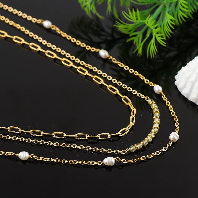 Beads With Pearl 3 Layered Necklaces for Women 14k Gold Plated Dainty Stackable Choker Necklaces for Women Trendy Layering, Cuban Link, Paperclip Chain, For Women Gifts