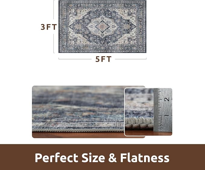 AMOAMI-3X5 Area Rug-Soft Washable Vintage Throw Accent Rugs for Living Room, Entryway, Bedroom, Kitchen, Bathroom, Laundry Room, Kitchen, Bathroom, Bedside, No Slip Blue