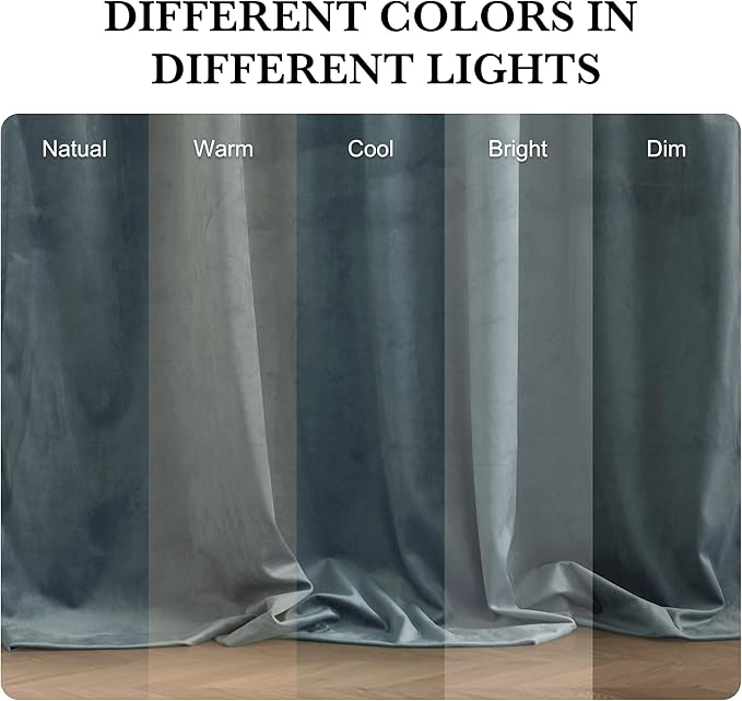 RYB HOME Dusty Blue Velvet Curtains for Bedroom Living Room, Thermal Insulated Privacy UV Heat Blocking Luxurious Soft Rod Pocket Back Tab Drapes for Nursery, 62" W x 96" L, 2 Panels