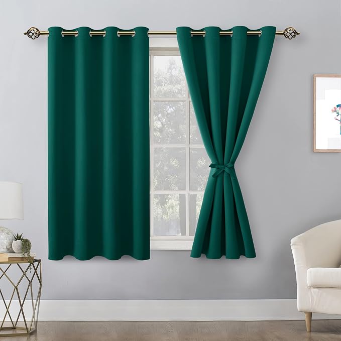 Hiasan Blackout Curtains for Bedroom, 52 x 54 Inches Long - Thermal Insulated & Energy Saving Window Curtains for Living Room, 2 Drape Panels Sewn with Tiebacks, Hunter Green