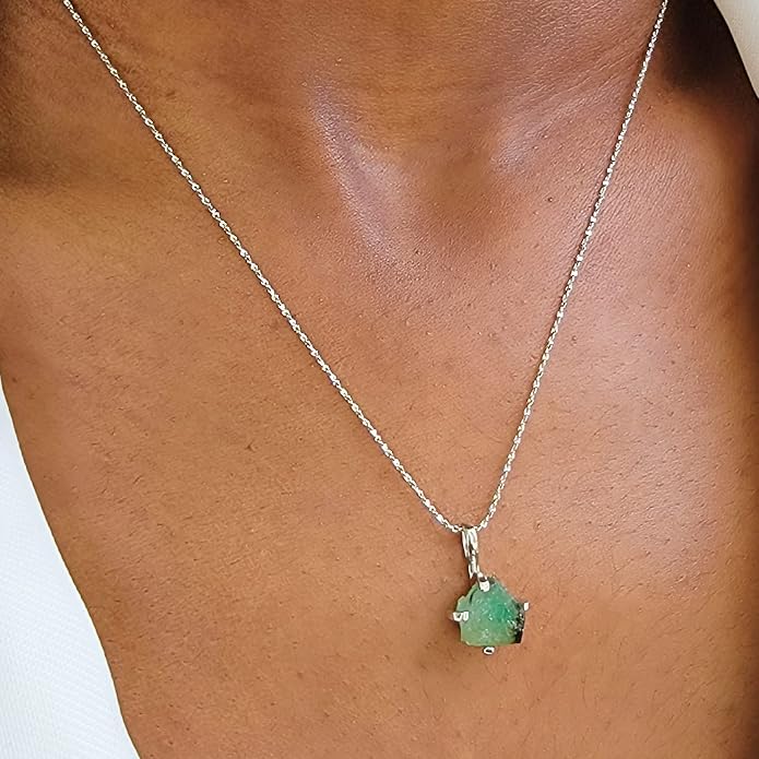 Natural raw gemstone pendant chain necklace with white gold over 925 solid sterling silver, birthstone dainty solitaire gift for her, uniquelan jewelry