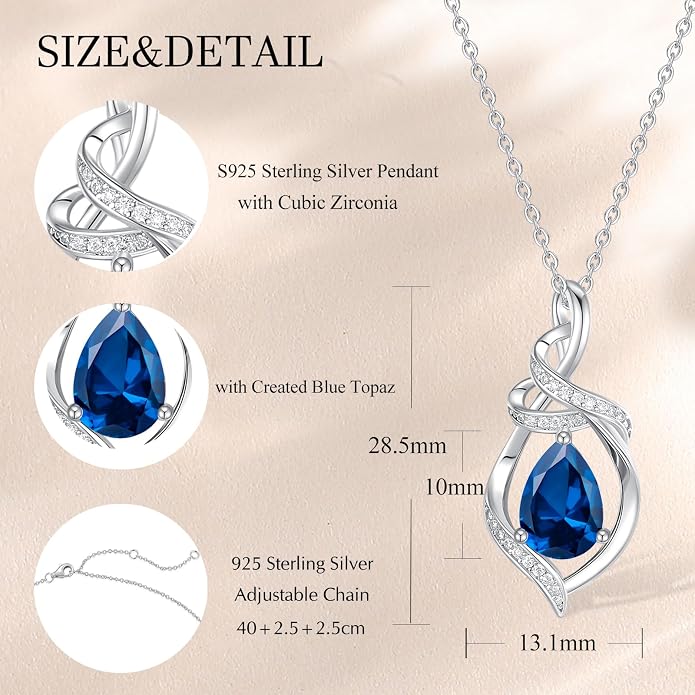 FANCIME Teardrop Birthstone Necklace for Women S925 Sterling Silver Elegant Ribbon Pendent Necklace Birthday Jewelry Gifts for Mom Wife Her, 16"+2" Inches