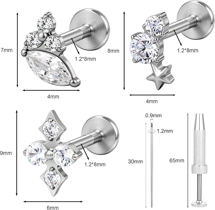 G23 Titanium 18K Gold Filled 16G Cartilage Earring 3PCS | Flat Back, 6mm 8mm, Conch Helix Tragus Lobe, Stud Labret Piercing Jewelry, For Women