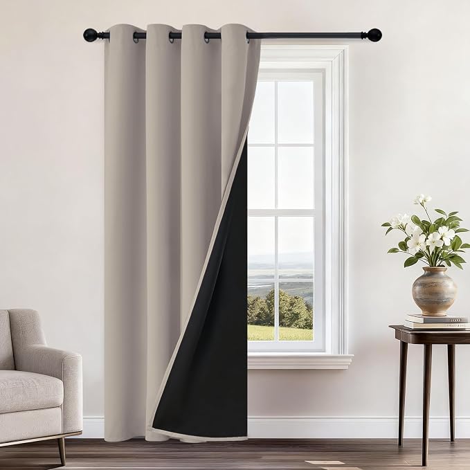 Yakamok Natural Blackout Curtains 84 Inches Long for Bedroom 52" Wide 1 PCS | Blackout Curtain Panels for Bedroom, 2 Thick Layers Grommet Top Thermal Insulated Drapes with Black Liner for Living Room