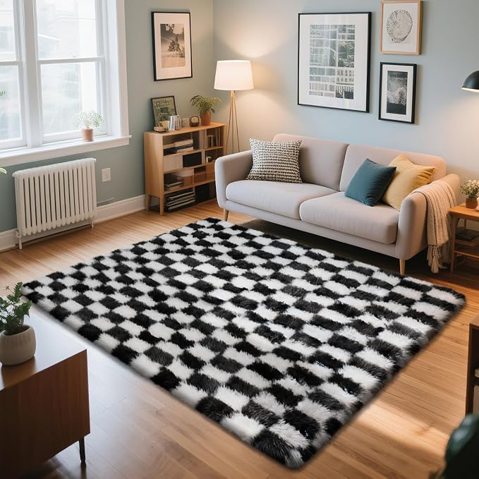 Checkered Rug for Bedroom, 4x6 Black and White Area Rugs, Classic Checkered Carpets Shag Area Rug, Bedside Rugs for Living Room Bedroom Room Home Decor