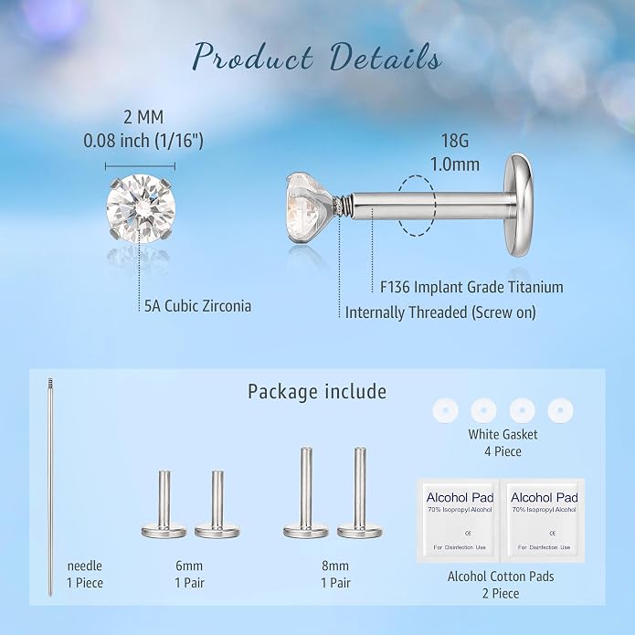 Limerencia 2Pcs 18g Titanium Internally Threaded Tragus Piercing Jewelry Nose Studs Flat Back Earrings Labret, Lip, Helix, Cartilage, Conch, Medusa Piercing for Women Men Sensitive Ears