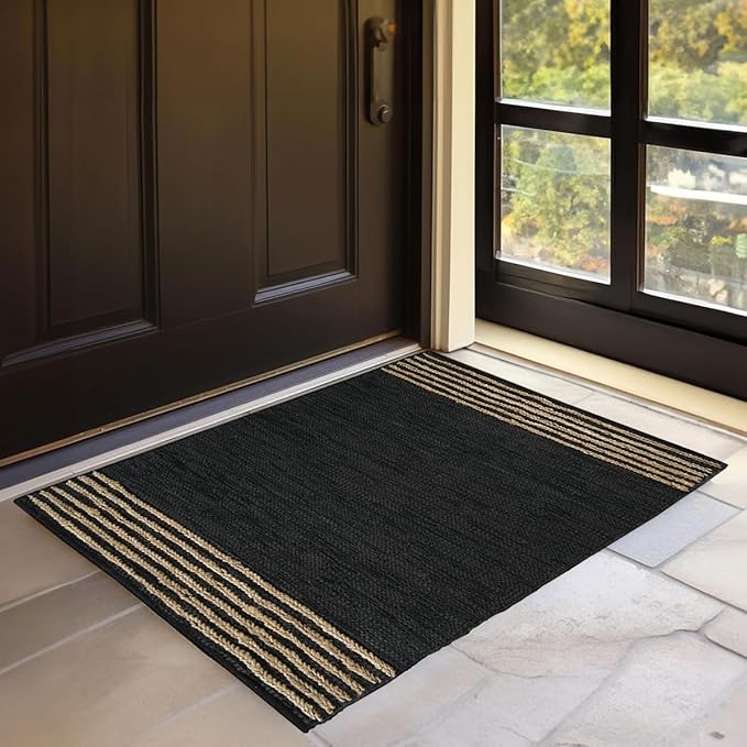 GRUHUM Black Jute Area Rug 2x3ft - Natural Fiber Rectangular Black Leather Handwoven Boho Farmhouse Soft Braided Vintage Eco Friendly Rugs Indoor Living Room Kitchen Hallways Enterways Doormat 2x3 ft