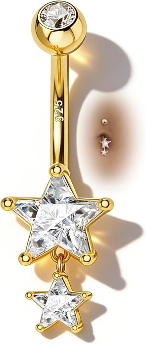 14K Gold Plated Belly Button Rings - Dangle Star 925 Sterling Silver Navel Rings for Women - 14G Belly Piercing Jewelry