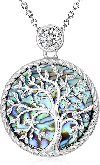 Tree of Life Moissanite Necklace, 925 Sterling Silver 0.5 Carat Moissanite Abalone Shell/Opal/Black Onyx/Turquoise/Malachite/Tiger Eye Stone Tree of Life Pendant Necklaces Jewelry Gift for Women Mom