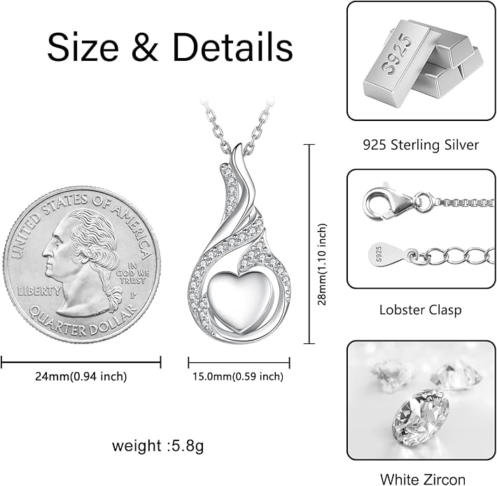 Cremation Jewelry 925 Sterling Silver Teardrop Urn Necklace for Ashes Heart Shape Memorial Keepsake Pendant for Human Ashes for Women Gift