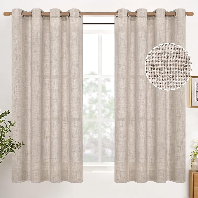 YoungsTex Natural Linen Curtains 45 Inch Length for Short Window Linen Textured Curtains with Bronze Grommet Light Filtering Drapes for Kitchen Small Window, 2 Panels, 52 X 45 Inch