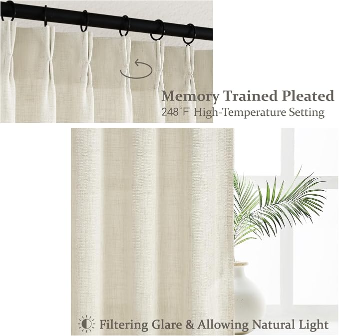 Pleated Extra Long 132 Inch Cream Curtains for Living Room 2 Panels Set, Memory Trained Thick Linen Sheer Floor to Ceiling Drapes for Sliding Doors Light Filtering Luxury Windows Curtain 11FT Length