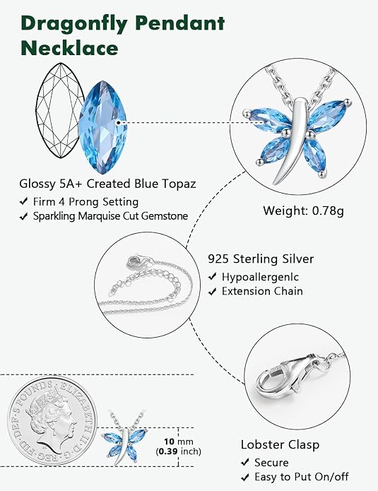 925 Sterling Silver Birthstone Necklaces for Women, Dainty Cute Dragonfly/Butterfly Pendant Necklace, Great Christmas/Anniversary Jewelry for Mother