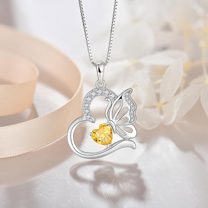 Butterfly Necklace for Women 925 Sterling Silver Heart Pendant Birthstones Jewelry Gift