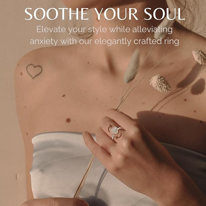 Halukakah 18K Gold/Platinum Plated Anxiety Spinning Ring: Stylish Diamond Heart Stress Relief Jewelry with Beads Spinner,Himalaya Salt Added,Size Adjustable,Gift for Women,Teens,Girls,Daughter,and Mom