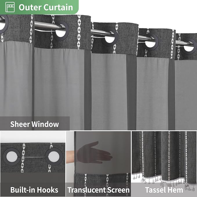 eachope Boho Farmhouse No Hook Shower Curtain Set with Snap-in Fabric Liner,Heavy-Duty Linen Textured Rustic Striped Design,Water-Repellent with Tassels and Sheer Window,Charcoal Grey,71x74