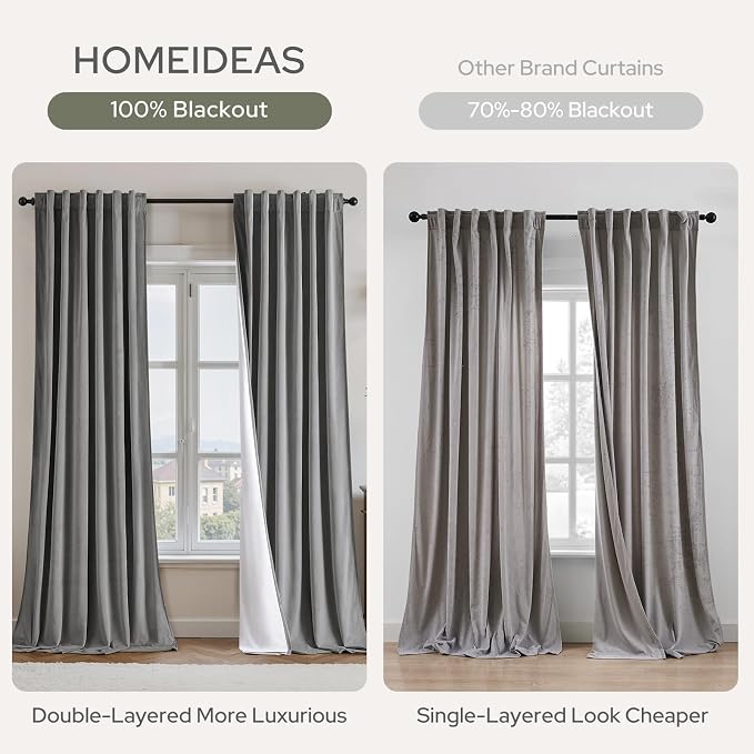 HOMEIDEAS 100% Blackout Silver Grey Velvet Curtains, Thermal Insulated Luxury Velvet Drapes for Bedroom, Living Room, Modern Farmhouse Decor, 52 x 84 Inch, 2 Panels