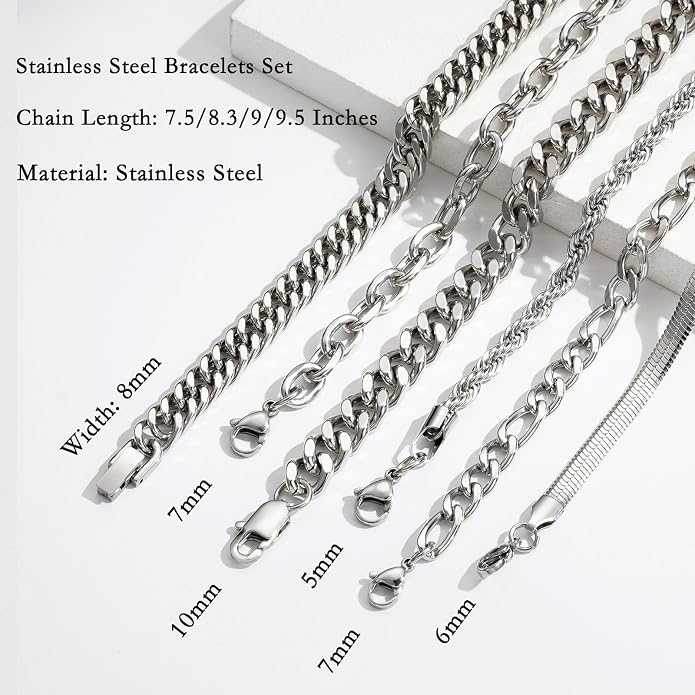 Zocomi 6 Pcs Chain Bracelet for Men, Stainless Steel Cuban Curb Link Rope Paperclip Figaro Herringbone Chain Bracelets Set Jewelry Gifts for Man Woman Boys 7.5/8.3/9 Inches