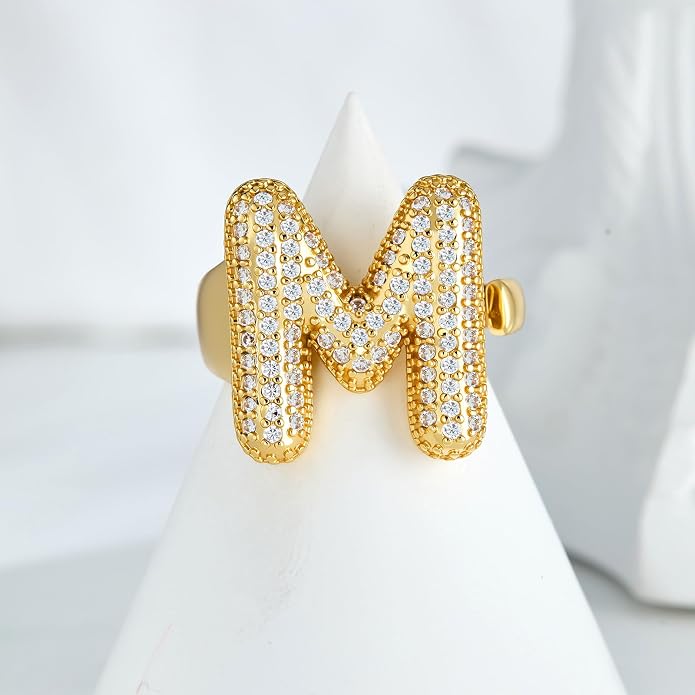 Cicy Bell Initial Rings for Women 14k Gold Plated Cubic Zirconia Delicate Letter Chunky Statement Open Rings Gifts for Her