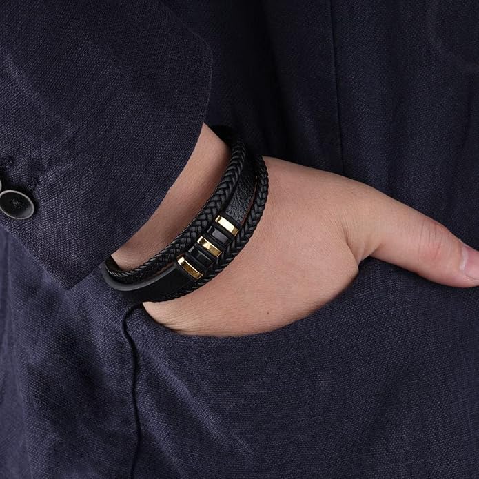 LONDON Mens Bracelet Leather Black Multi-Layer Stone Beads Adjustable Steel Clasp Viking Rope Bands Surfer Man Wristband Male UK Jewellery Gift box Boyfriend Dad Son Brother Tiger Eye