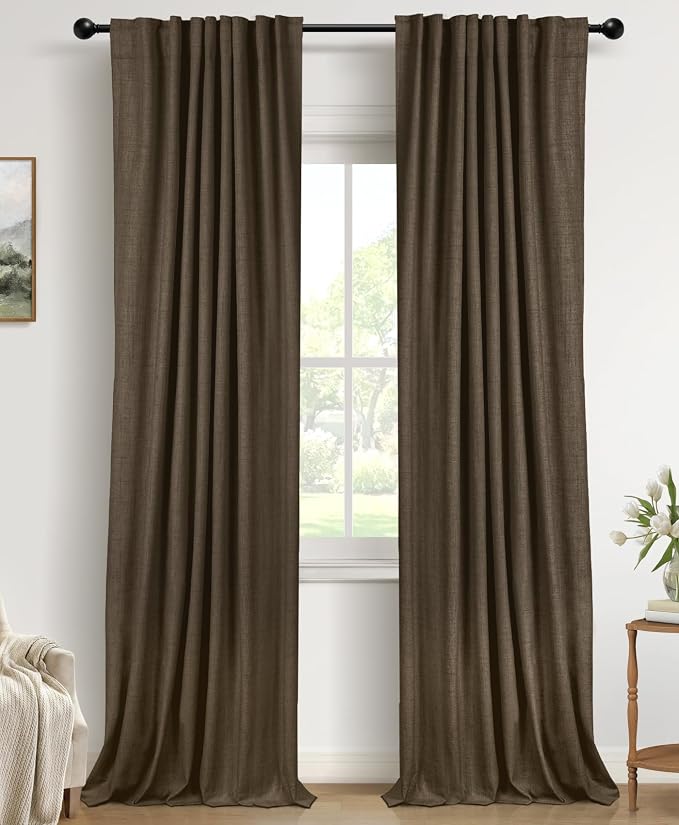 100% Blackout Shield Dark Brown Linen Blackout Curtains for Bedroom 96 Inches Long, Back Tab/Rod Pocket Living Room Drapes, Thermal Insulated Blackout Curtains 2 Panels Set, 50" W x 96" L
