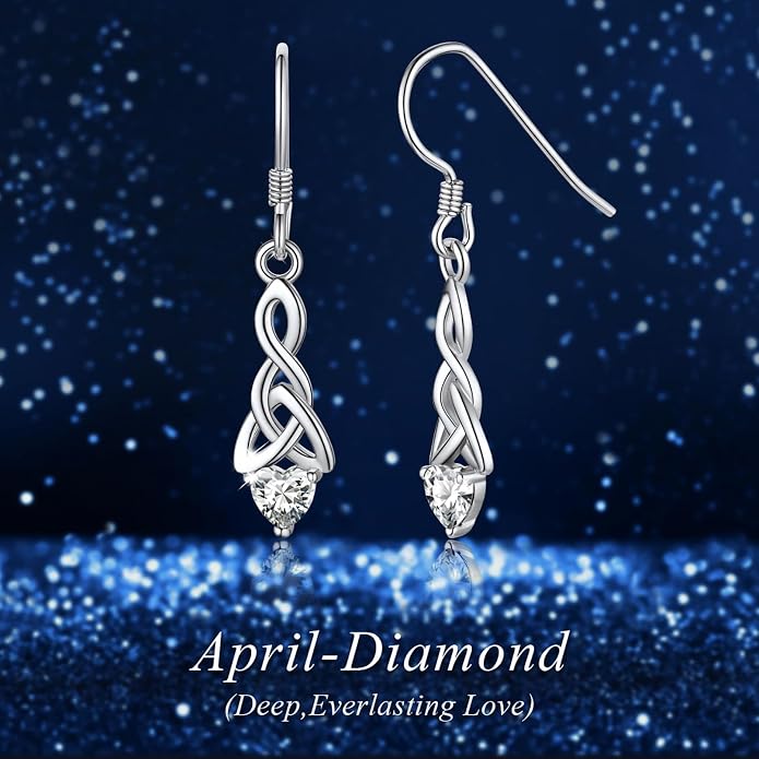 ChicSilver Sparkling Heart Birthstone 925 Sterling Silver Celtic Knot Dangle Hook Earrings (with Gift Box)