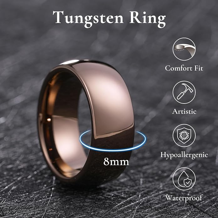 King Will Men's Women's Tungsten Carbide Ring 24k Gold Plated Rose Gold Plated Domed Polished Finish Wedding Band