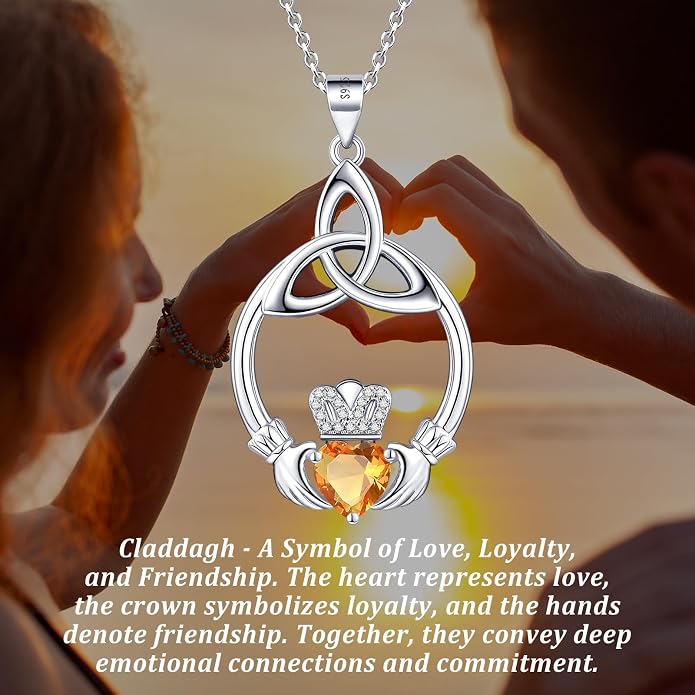 Gift Birthstone Necklaces for Women 925 Sterling Silver Irish Claddagh Necklace for Women Heart Birthstone Pendant Necklace Anniversary Birthday Gifts for Wife Lady Cable Chain 18"+2"