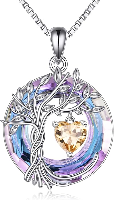 POPLYKE Mothers Day Gifts for Mom Her Wife Tree of Life Necklace 925 Sterling Silver Birthstone Pendant with Crystal Anniversary Birthday Wedding Jewelry for Women