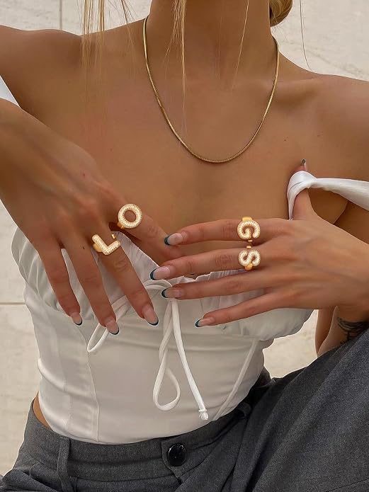FindChic Initial Ring for Women, Gold Plated Chunky Letter Rings Open Adjustable Trendy Sparkling Cubic Zirconia Personalized Statement Rings Jewelry Gift