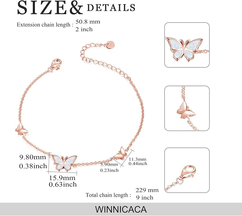 WINNICACA Sterling Silver Butterfly Bracelet Anklet Created Opal Butterfly Jewelry Gifts for Women Birthday Christmas Day Gifts