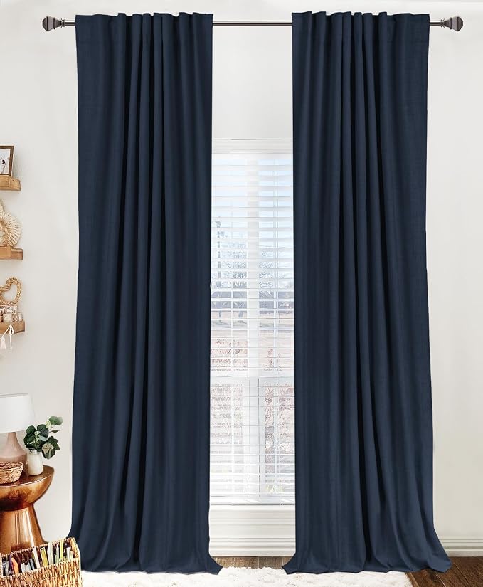 100% Blackout Shield Linen Blackout Curtains for Bedroom 84 Inches Long, Back Tab/Rod Pocket Living Room Drapes, Thermal Insulated Blackout Curtains 2 Panels Set, 50" W x 84" L, Navy