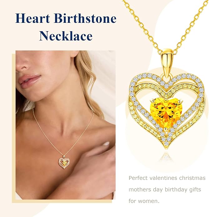 Anniversary Charm Necklace, Sterling Silver 14K Gold Plated Chain with Interlocking Heart Pendant Elegant Birthstone Necklaces for Women, Length 18"