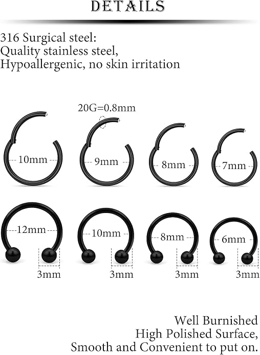 20G 18G 16G 14G 12G 10G Hypoallergenic Nose Rings Hoops for Men Women 316L Surgical Steel Hinged Nose Rings for Nostril Septum Cartilage Helix Daith Tragus Rook Conch Lip Ear Lobe Piercing