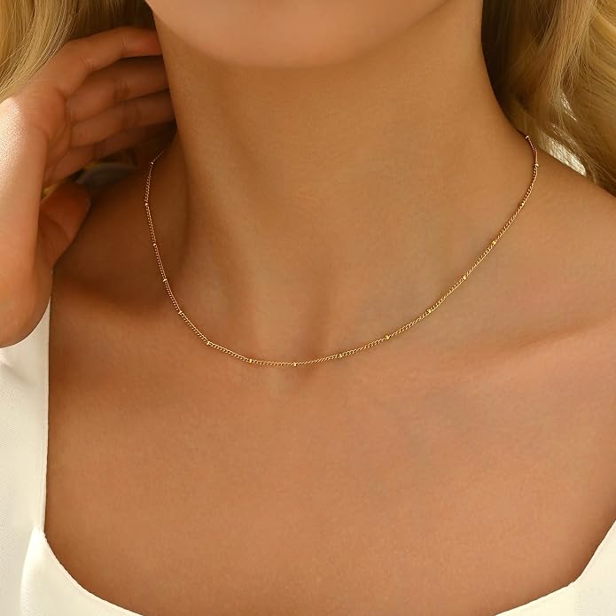 Gold Chain Necklace for Women Dainty Simple Satellite Beaded Twisted Chain Choker Necklace Everyday Jewelry Christmas Gifts