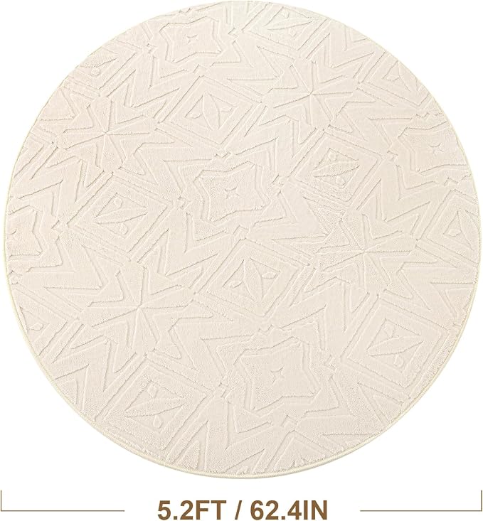 Carvapet 5.2' Round Rug Washable High Low Pile Area Rug Soft Plush Beige Carpet for Living Room Bedroom Non Slip Indoor Floor Rug for Home Kids Nursery Decor