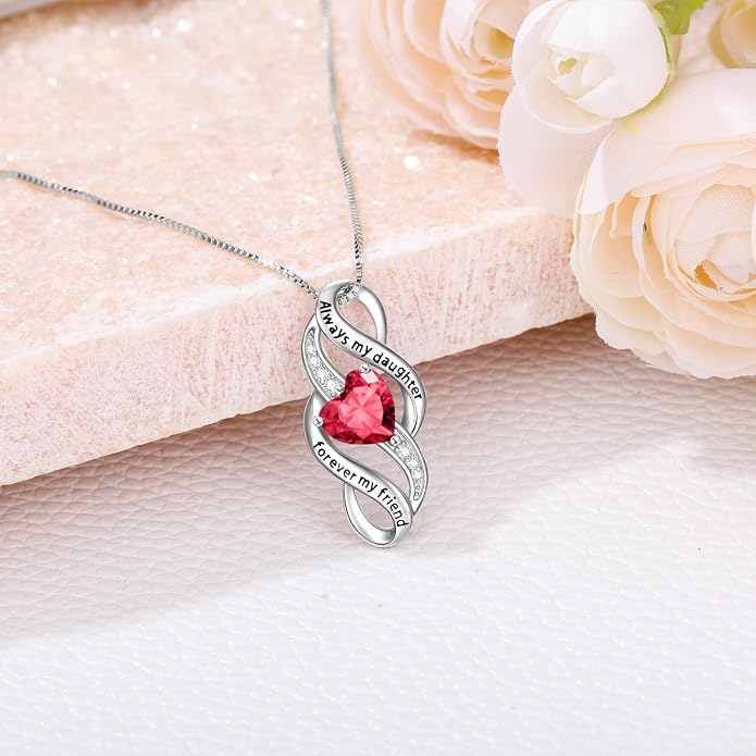 Daughter Necklace 925 Sterling Silver Always My Daughter Forever My Friend Infinity Necklace to Daughter Birthday Gift from Mom with 12 Birthstones