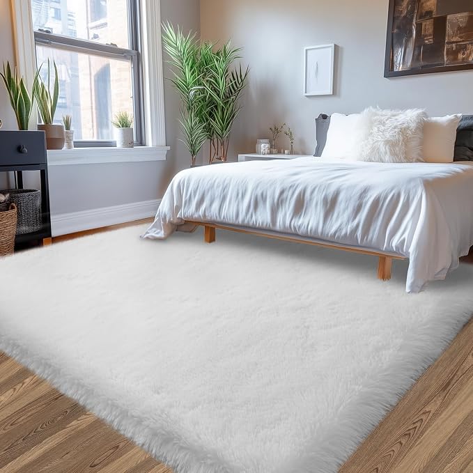 Fluffy Area Rug for Living Room 6x9: White Shag Rugs for Bedroom- 6x9 Feet Fluffy Rugs for Living Room- Shag White Rugs Soft Plush Indoor Carpets for Bedroom, Nursery, 6x9