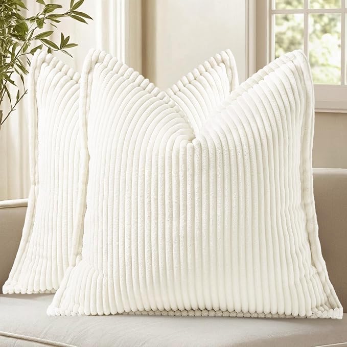 decorUhome Fall Corduroy Pure White Throw Pillow Covers 24x24 Set of 2 | Euro Sham Couch Decorative Soft Modern Boho Farmhouse Pillow Covers Broadside Striped Pillow Cases for Living Room Bed Sofa