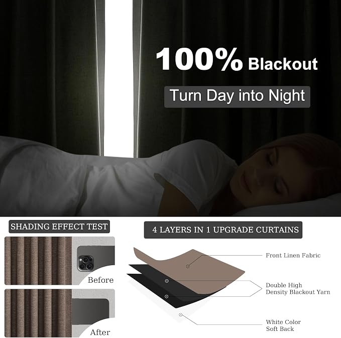 Topfinel 92 Inch Linen Blackout Curtains for Bedroom Living Room 2 Panels Memory Trained 100% Black Out Soundproof Room Darkening Back Tab Window Curtains Dark Brown