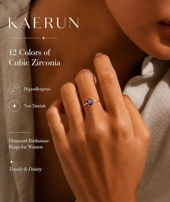 KAERUN Gold Birthstone Rings for Women Non Tarnish 14K Gold Plated Stackable CZ Thumb Eternity Rings Dainty Emerald Green Gemstone Engagement Ring for Mother Lover Birthday Jewelry Gifts Size 6-10