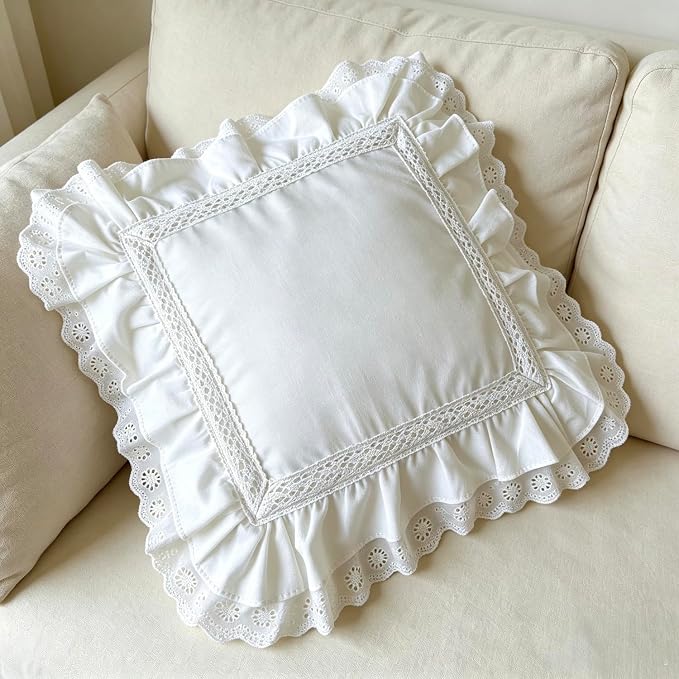 Zinowas20x20 White Ruffle Throw Pillow Covers Set of 2 Lace Pillow Shams 100% Cotton Handmade Pillowcase with Ruffles Decorative Decorative Ruffle Pillow Covers