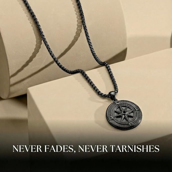 Galis Mens Necklace - Premium Stainless Steel Silver Chain Necklace, Non Tarnish, Chains, Triangle, Cross, Black Enamel, Compass Pendant, Stylish Jewelry - Gift for Him 24"